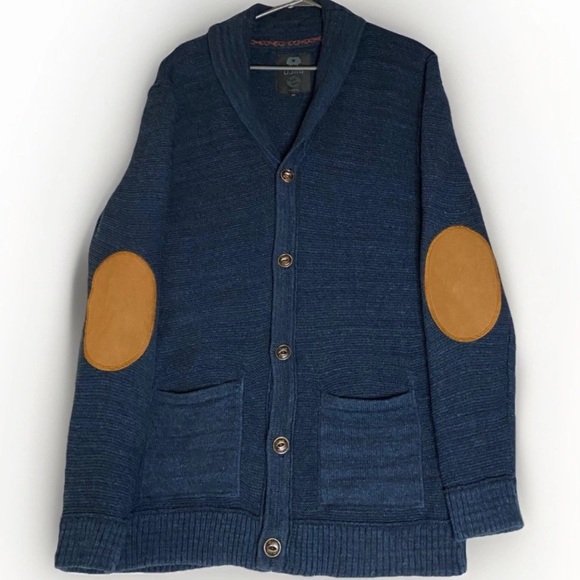 Suede Elbow Patch Blue Shawl Collar Knit Cardigan Sweater M Dark Acadamia Preppy - Picture 2 of 10